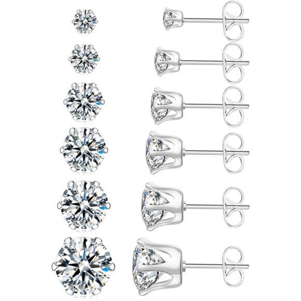 6 Pairs Stainless Steel Stud Earrings Set Hypoallergenic Cubic Zirconia Silver